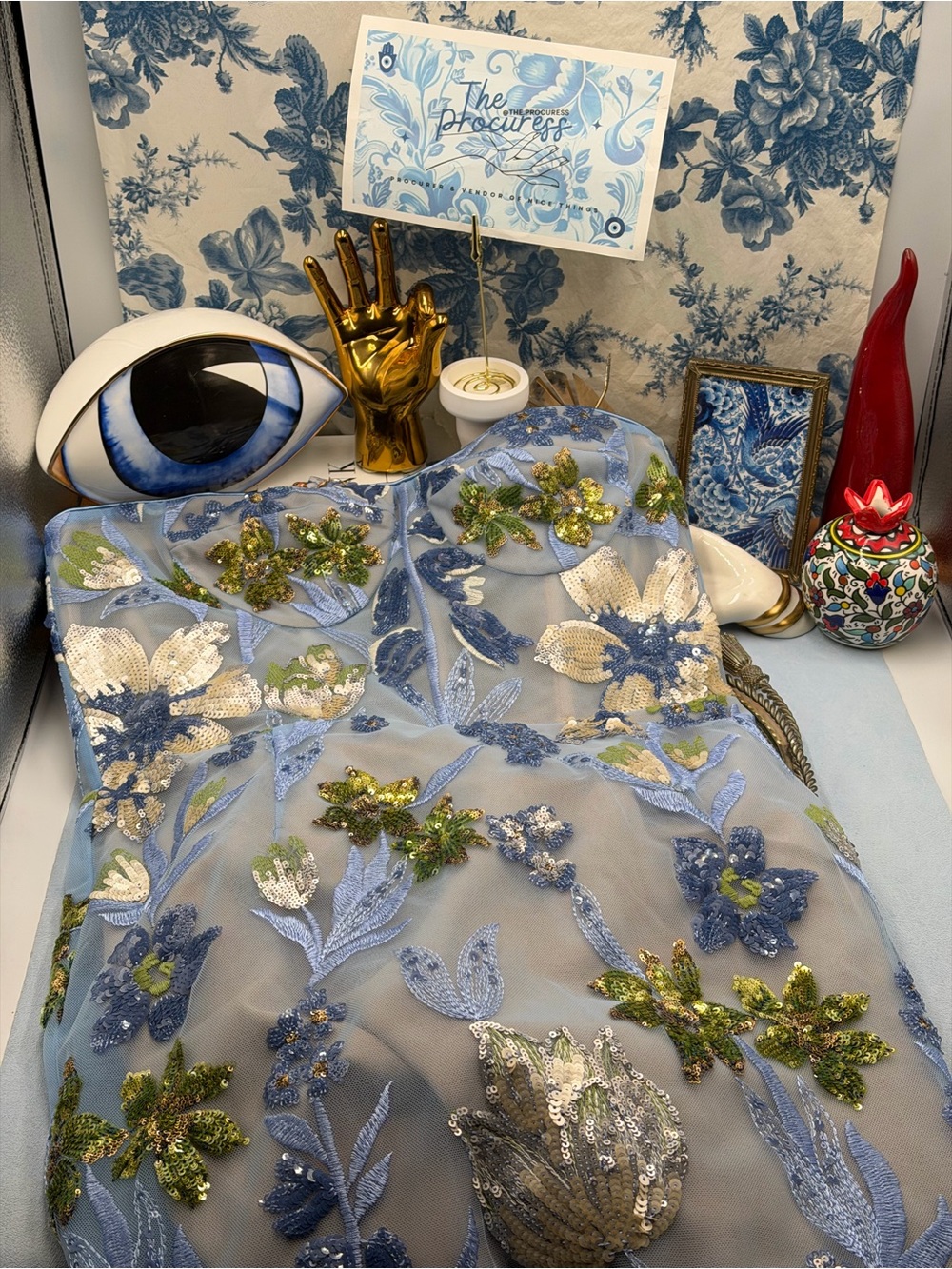 🆕 BRONX & BANCO 🧿 NWOT Dahlia Floral Gown, Baby Blue Multi Maxi - Sz L US 8 - Picture 15 of 17